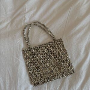 Silver Beaded Mesh Tote Bag for Women Metalic
